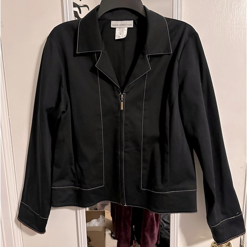 SHARON YOUNG BLACK ZIP FRONT COTTON RAYON JACKET BLAZER 10